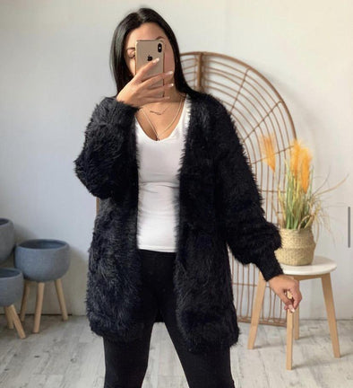 Black Fluffy Oversized Cardigan Possum Merino