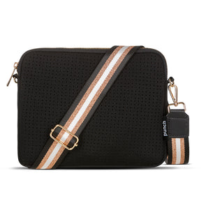 Black and Gold Flat Punch Neoprene Crossbody Bag