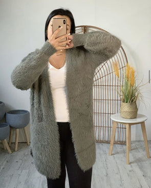 Khaki Green Fluffy Oversized Cardigan Possum Merino