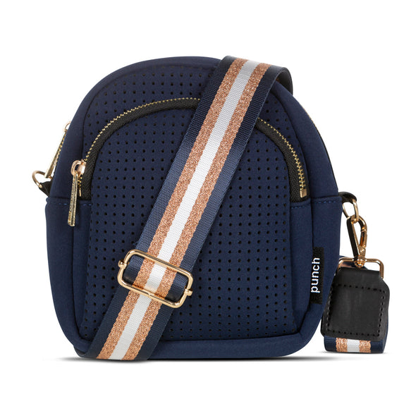 Navy and Gold Punch Neoprene Moon Shoulder Bag